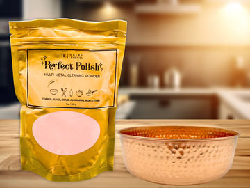 Gold packaging of 'Perfect Polish' cleaning powder with a copper bowl on a wooden surface - Embers Elements.