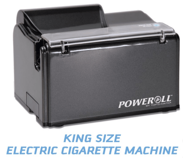 Top-O-Matic Poweroll electric cigarette rolling machine for RYO supplies, showing the compact device with metal components and rollers.
