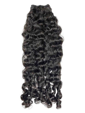 A bundle of black, curly hair extensions against a white background.