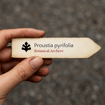 Printed plant label for Proustia pyrifolia with botanical archive logo in hand