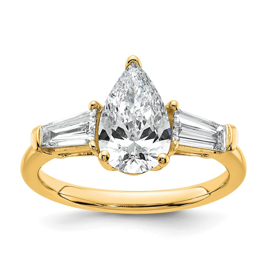 14k Yellow Gold 2 carat Certified Lab Grown Diamond VS+ F+ Pear and Tapered Baguette Complete Engagement Ring