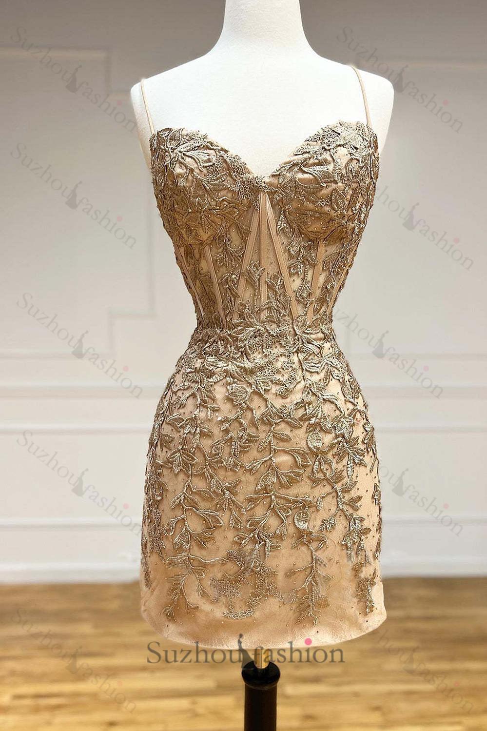 Red Spaghetti Straps Homecoming Dresses Short Tight Cocktail Dresses With Appliques