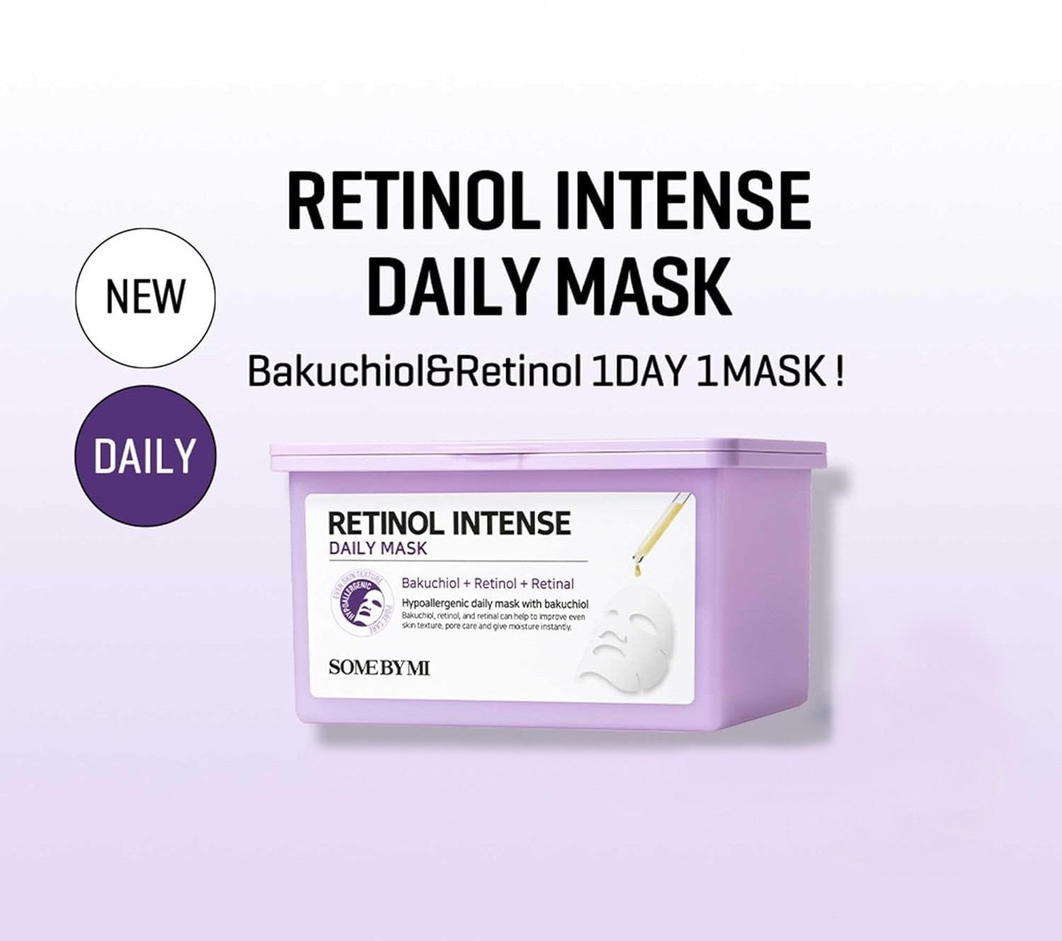 SOME BY MI Retinol Intense Daily Mask verpakking met paarse opbergdoos en 1-dagsmasker