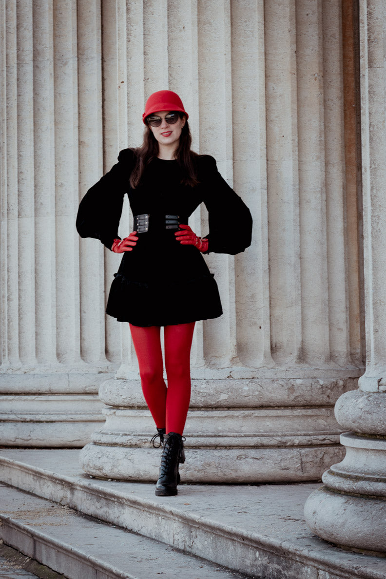 Red Tights and a black Mini Dress: Cheeky & stylish