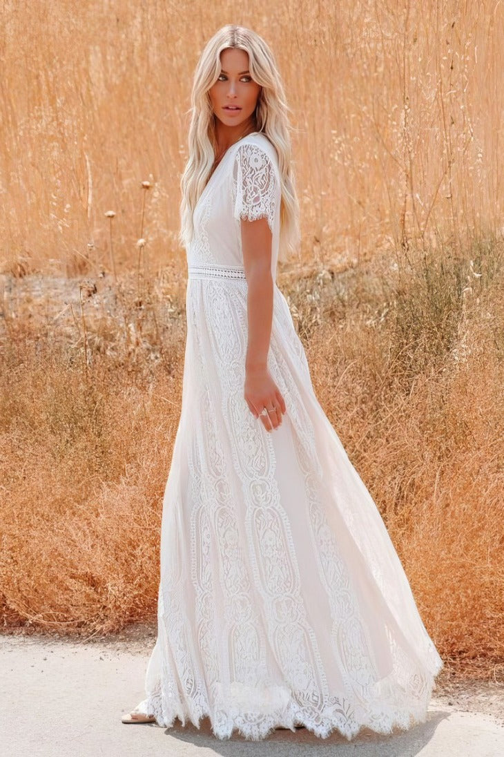 Robe Bohème Longue Blanche Col En V - Livia