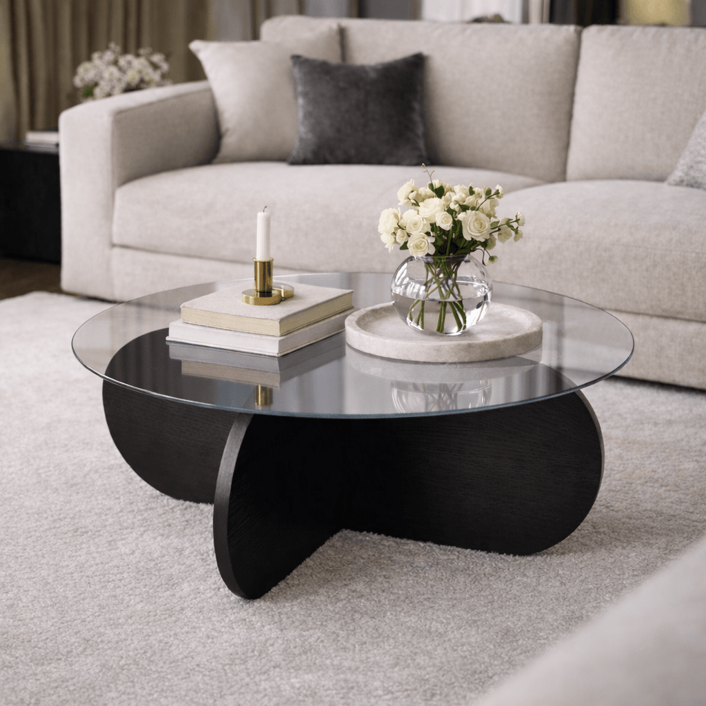 Salontafels - Ronde salontafel Aris zwart melamine en transparant glas 75 cm - Dimehouse