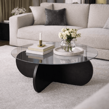 Salontafels - Ronde salontafel Aris zwart melamine en transparant glas 75 cm - Dimehouse