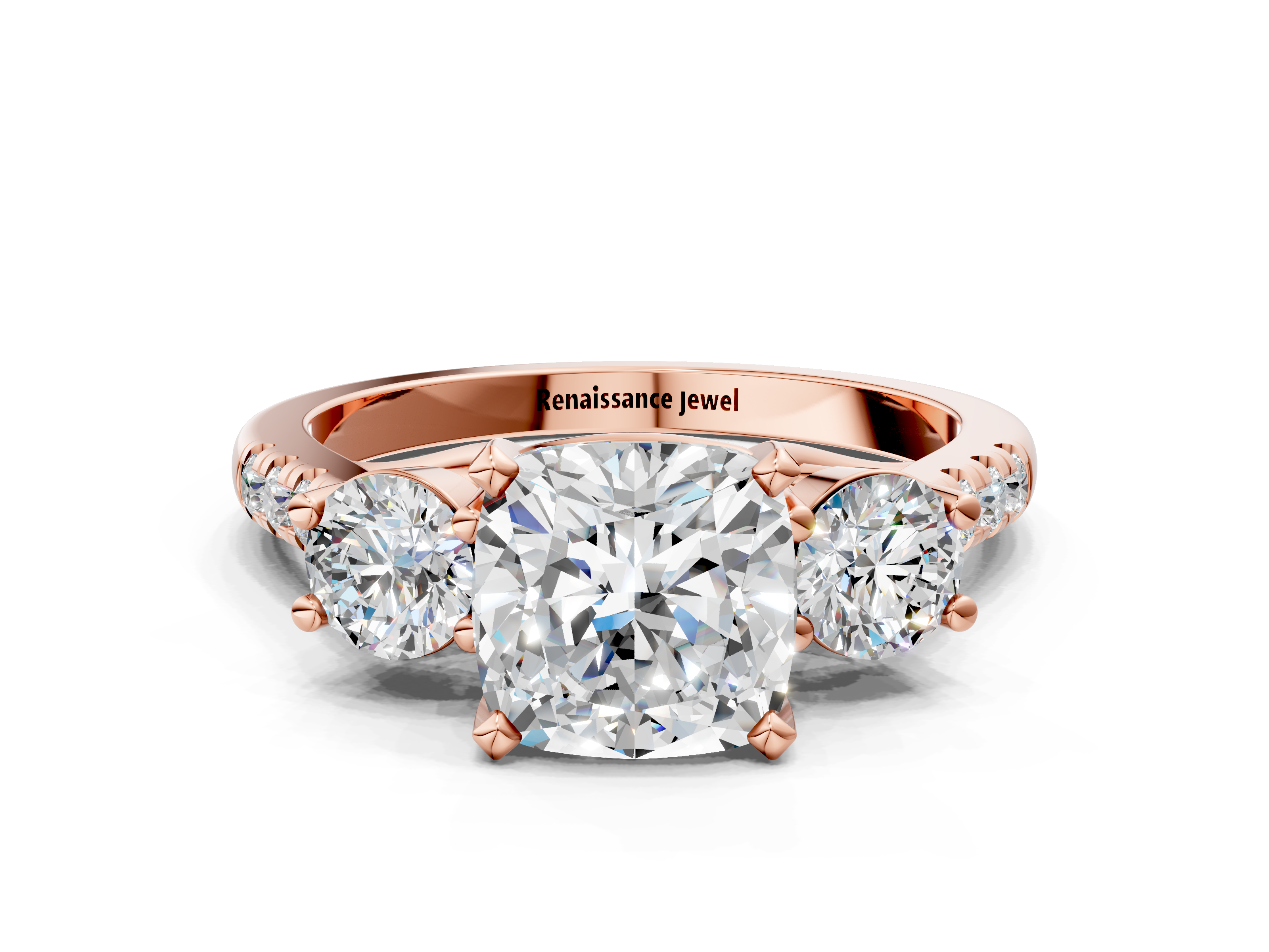 Rose gold Three-Stone Cushion Cut Diamond Pavé Band with Four-Prong Setting_36