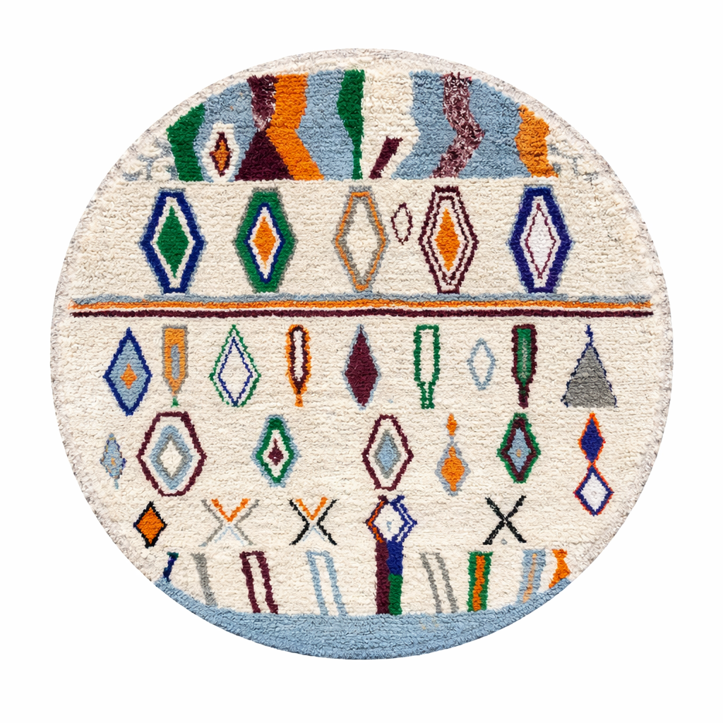 Handmade colorful round Moroccan wool rug with an ivory background and blue, green, orange, burgundy, and gray Berber motifs.