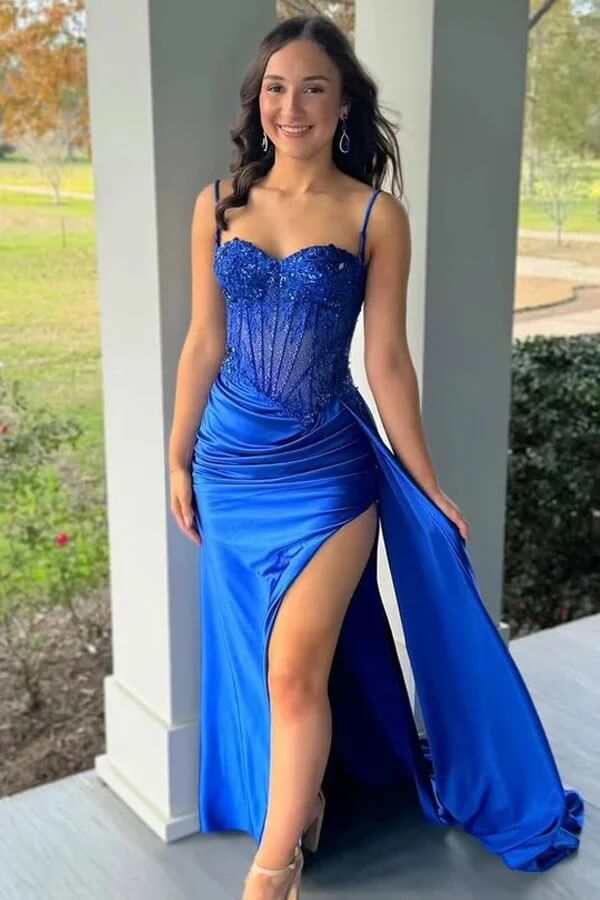 Royal Blue Satin Mermaid Spaghetti Straps Sweetheart Pleated Prom Dresses, MP1053 | new arrival prom dress | cheap prom dress | evening gown | musebridals.com
