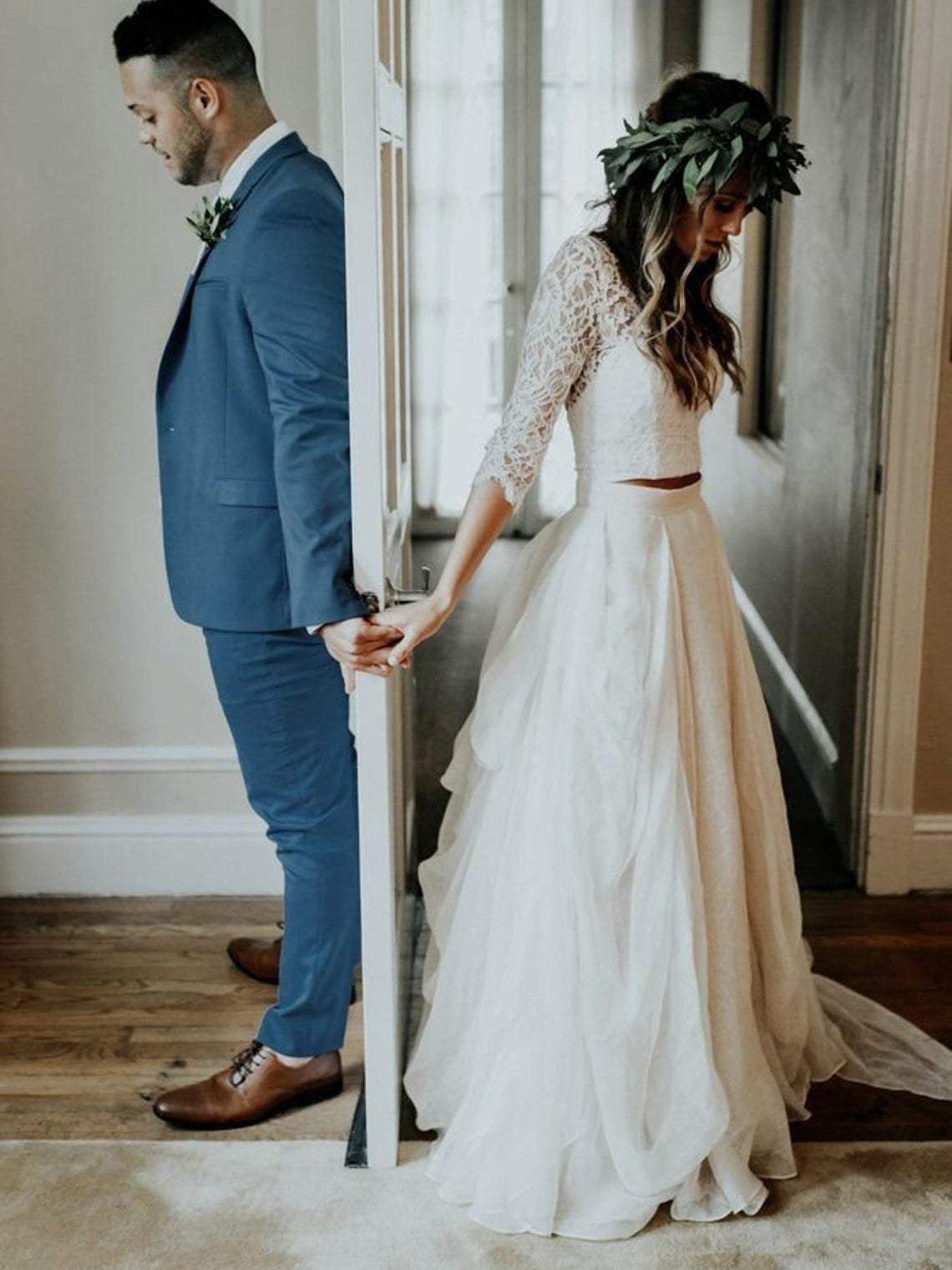 Rustic Boho Lace Top Bridal Separates with 3/4 Sleeves casual boho Two Piece wedding dresses,20081602-Dolly Gown