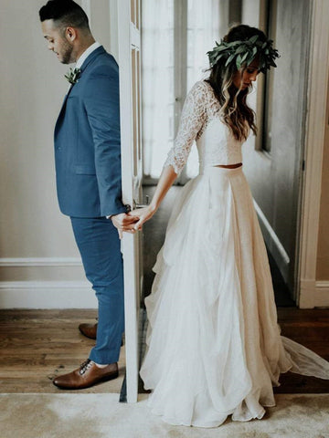 Rustic Boho Lace Top Bridal Separates with 3/4 Sleeves casual boho Two Piece wedding dresses,20081602-Dolly Gown