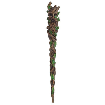 Green Man Man of the Wood wand with branch design and leaves. 24cm resin magic wand inspired by woodland mythology and nature magic.