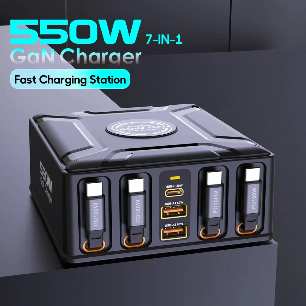 550W 7-in-1 GaN Fast Charging Station with 4 Built-in Retractable Cables