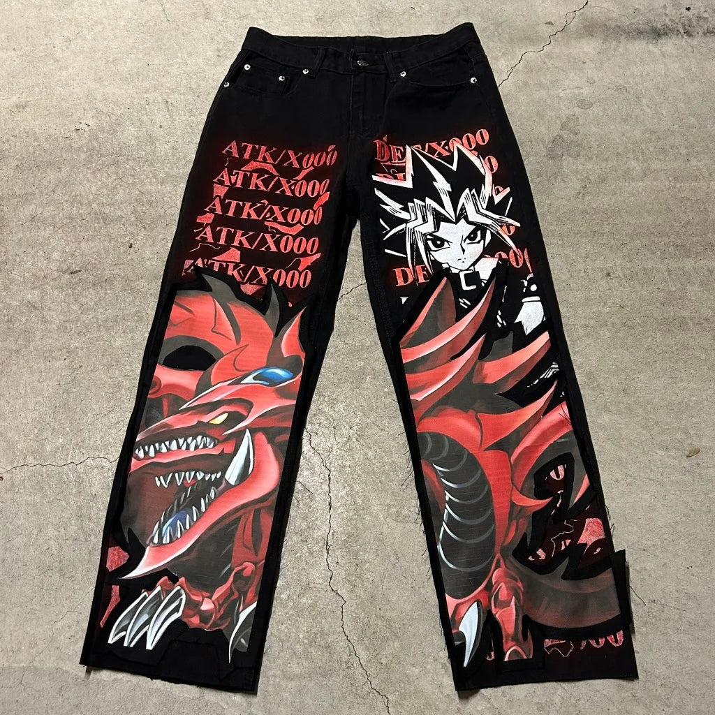 harajuku slifer the sky dragon print y2k men s jeans popular anime baggy jeans wide leg pants streetwear trouser men clothing urban skinny jeans