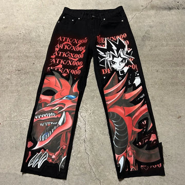 harajuku slifer the sky dragon print y2k men s jeans popular anime baggy jeans wide leg pants streetwear trouser men clothing urban skinny jeans