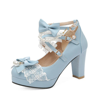 Jirai Kei Shoes with Bows, Pearls, and Lace Blue