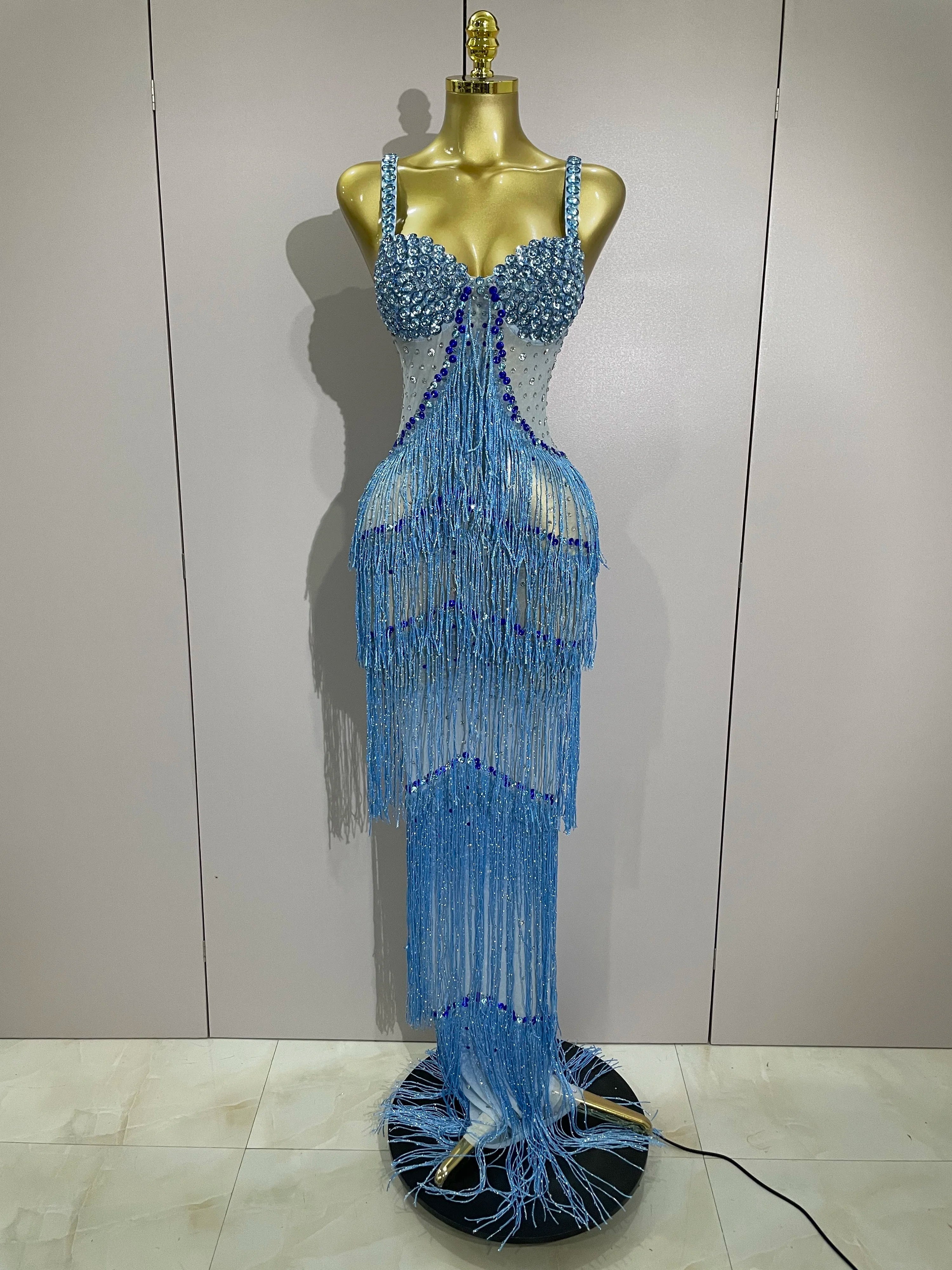 Sparkly Rhinestone Tassel Mesh V-Neck Slim Sheath Long Dress for Women, Polyester Spandex Fabric, Sleeveless Spaghetti Strap Blue