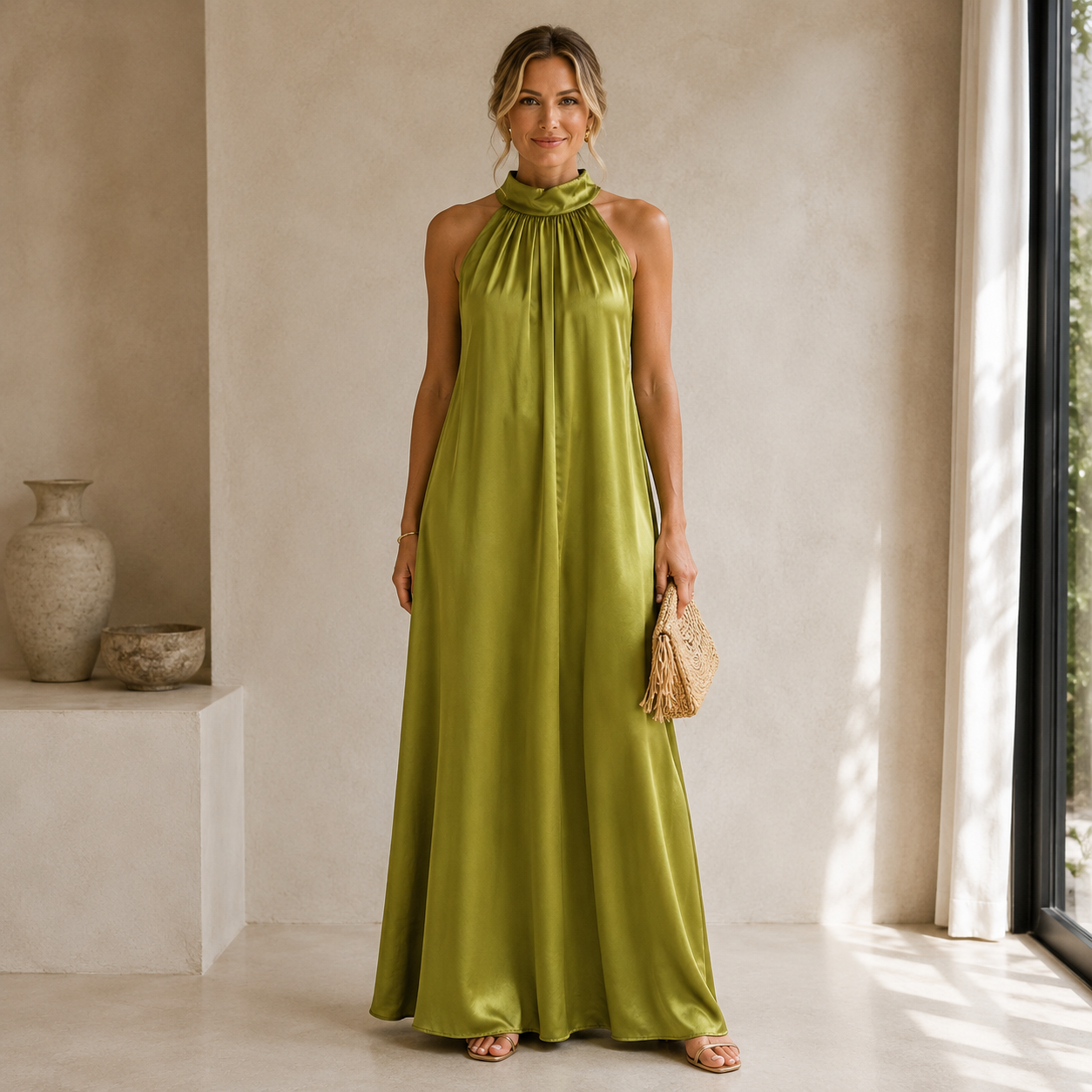 Satijnen Halter Maxi Jurk met Strikceintuur - Limoengroen
