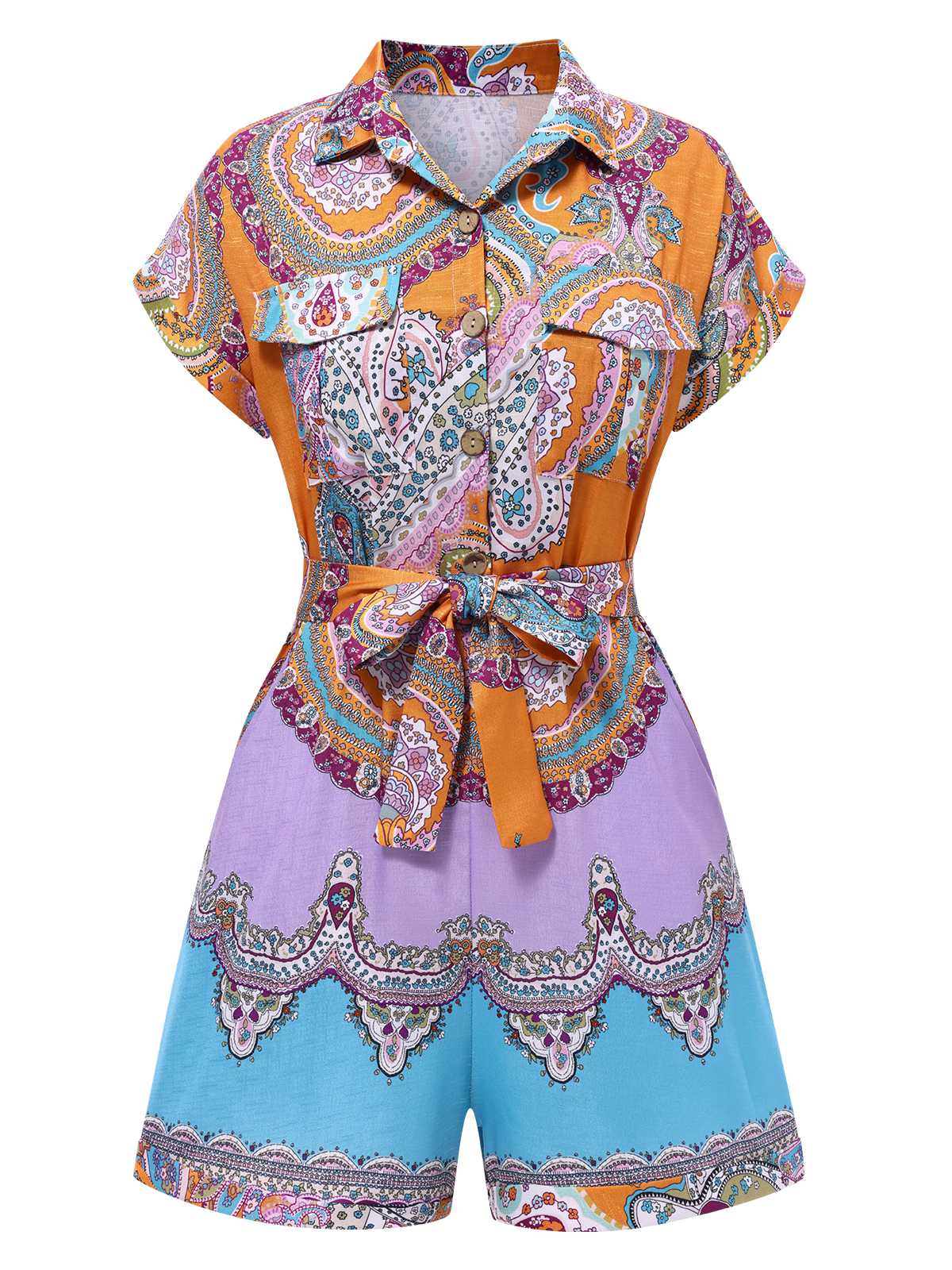 1970er Hemdkragen Paisley Drucken Gürtel Romper