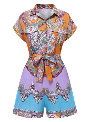 1970er Hemdkragen Paisley Drucken Gürtel Romper