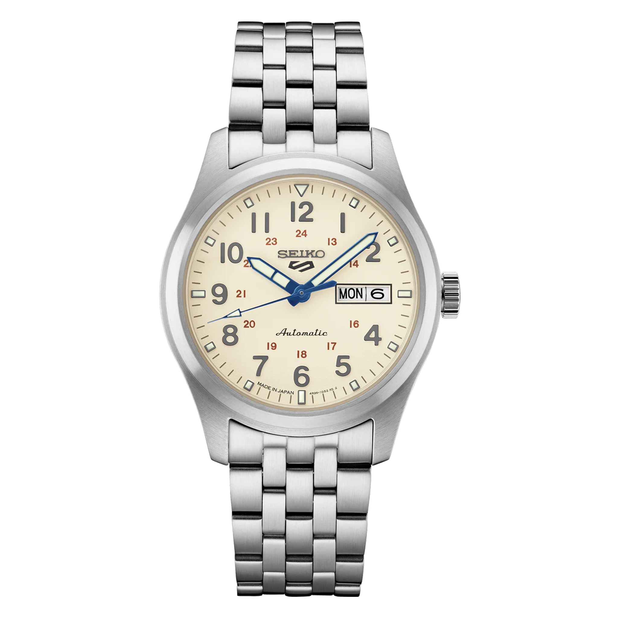A silver SEIKO 5 Sports watch with a cream dial, blue and red accents, and luminous hands and markers. It includes a date display and a screwdown see-through caseback.