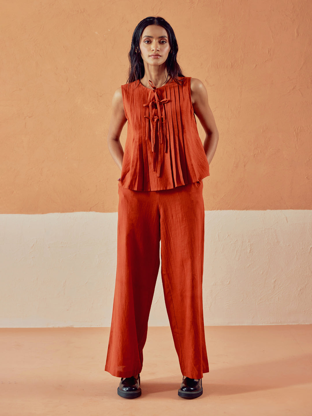 FIORRA Women’s Rust Linen Blend Pleated Loose Relaxed Fit Co-Ord Set