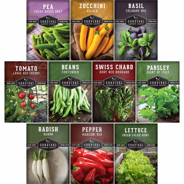 Collection of vegetable seed packets with images and names on a white background