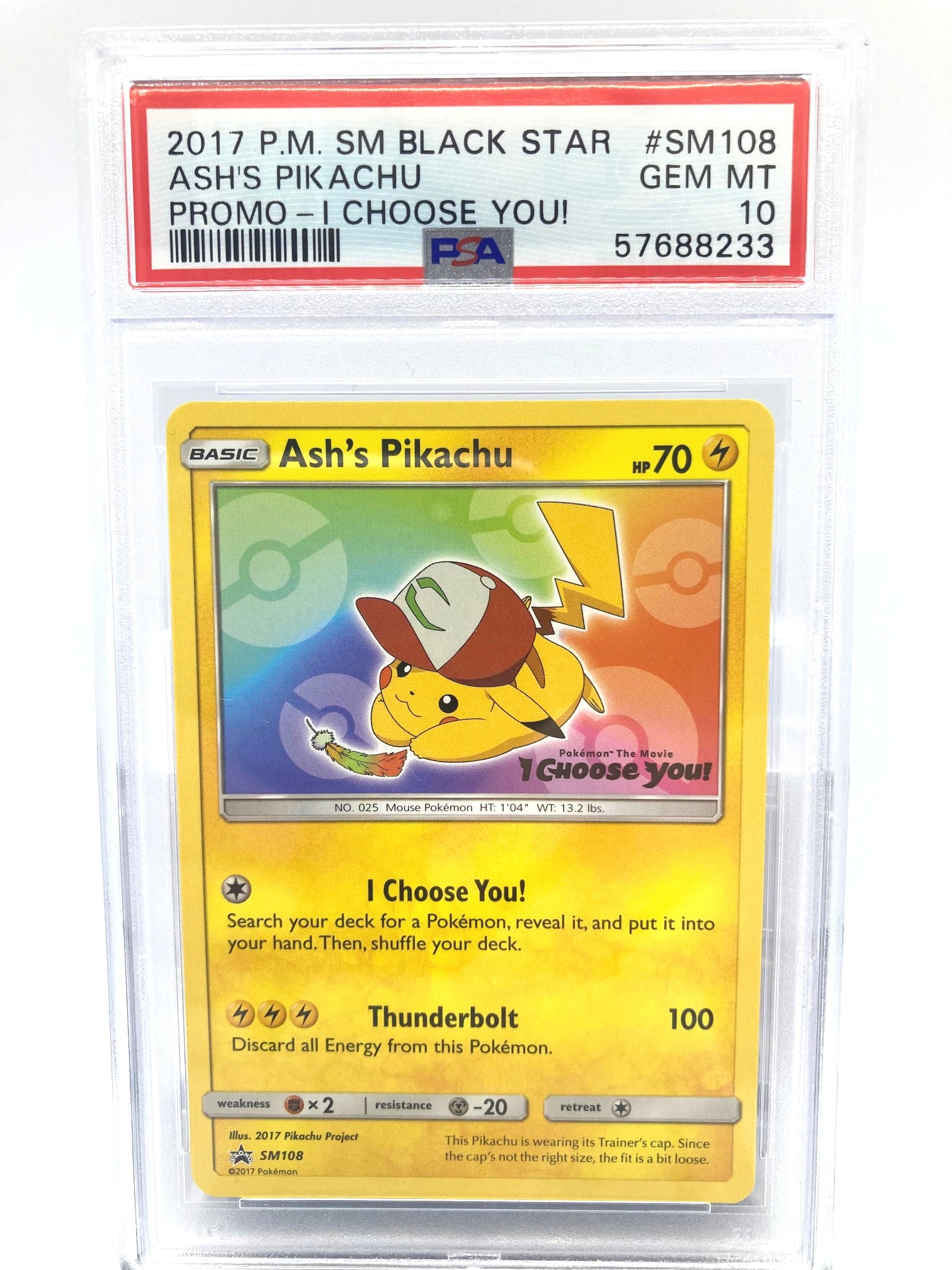 Ash's Pikachu SM108 PSA 10 Gem Mint Graded Pokemon Card (Sun & Moon Promo Series)