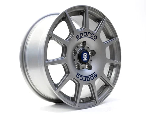 Sparco Terra 17x7.5 +45 5x112 73.1CB - Matte Silver Tech w/ Blue Lettering