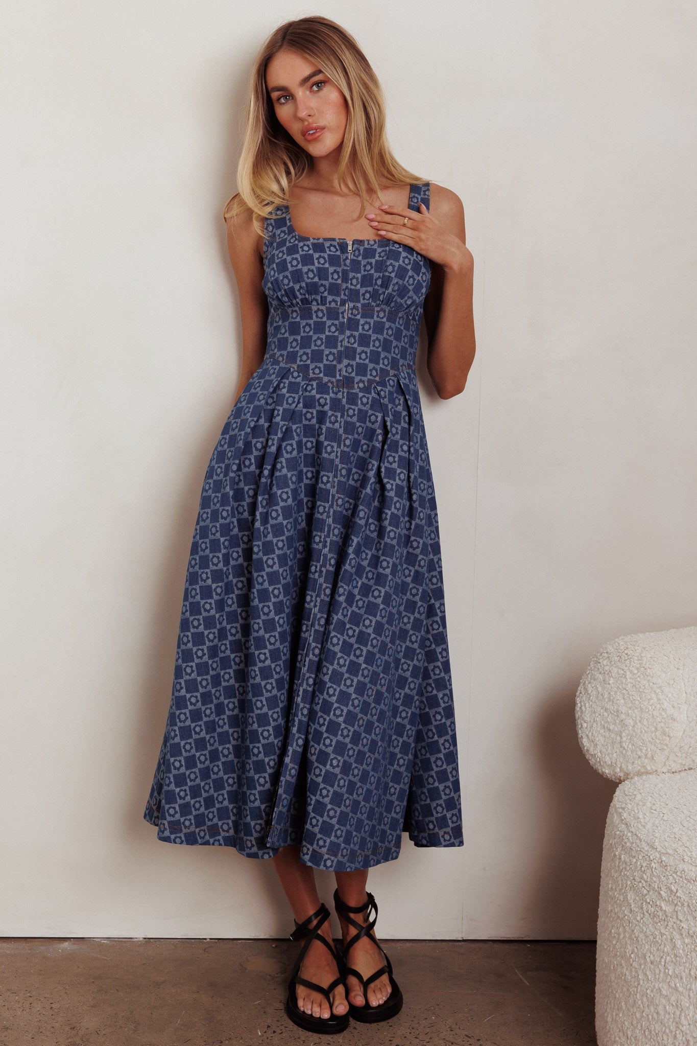 Hair Down Square Neck A-Line Midi Dress Floral Denim by Selfie Leslie