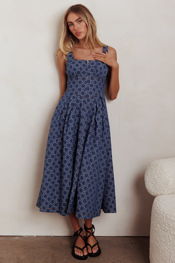 Hair Down Square Neck A-Line Midi Dress Floral Denim by Selfie Leslie