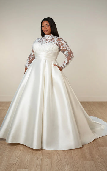 Plus Size Long Sleeve Lace Princess Ballgown with High Neck