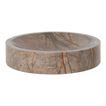 Round stone bowl featuring earthy tones of brown with intricate gray and rust-colored marbling patterns.