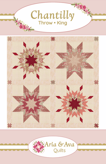 Chantilly Quilt Pattern by Aria & Ava featuring four star designs in pink and red tones on a beige background