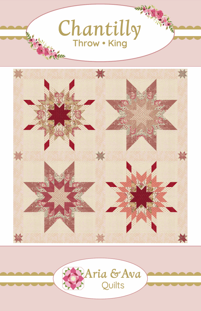 Chantilly Quilt Pattern by Aria & Ava featuring four star designs in pink and red tones on a beige background