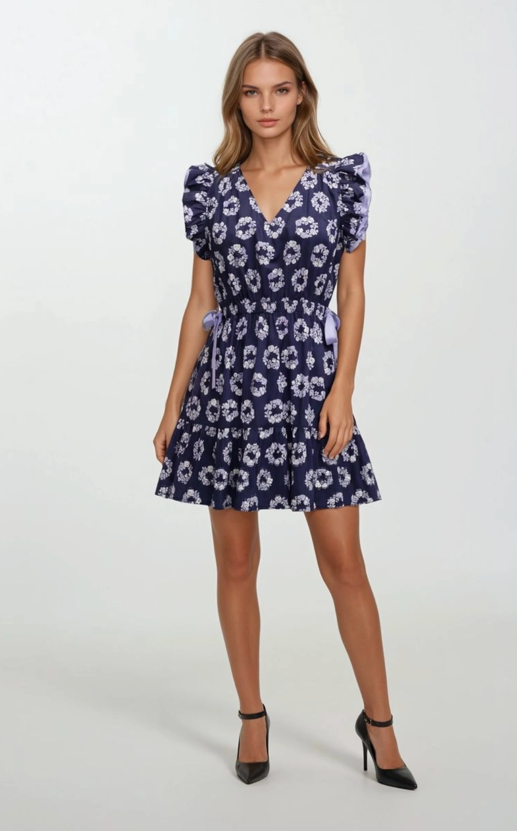 Floral Flutter Sleeve Drawstring Waist Tie Dress