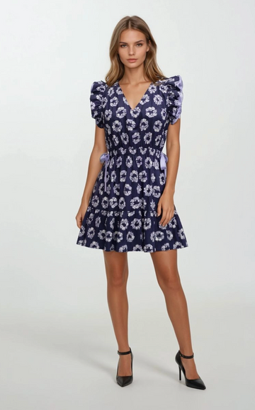 Floral Flutter Sleeve Drawstring Waist Tie Dress