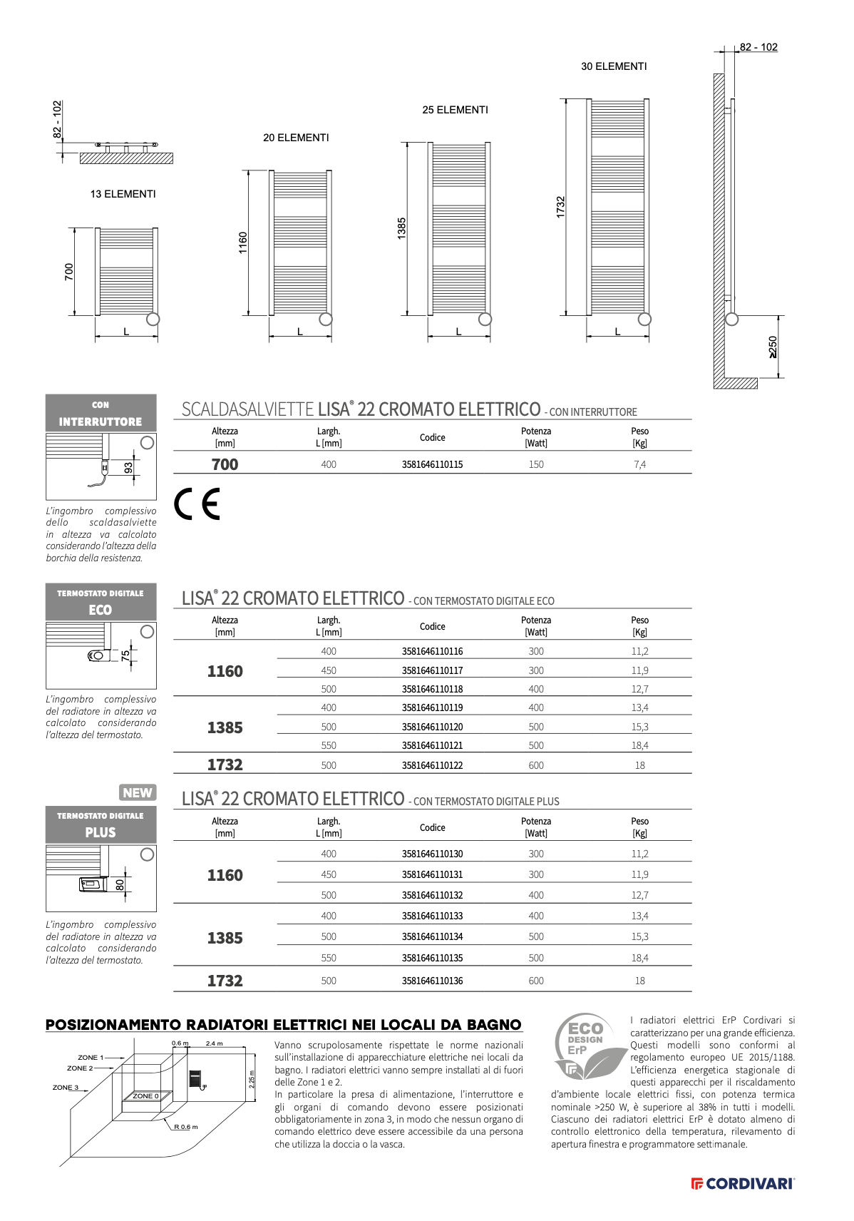 Termoarredo design bagno elettrico LISA 22 CROMATO ECO CORDIVARI