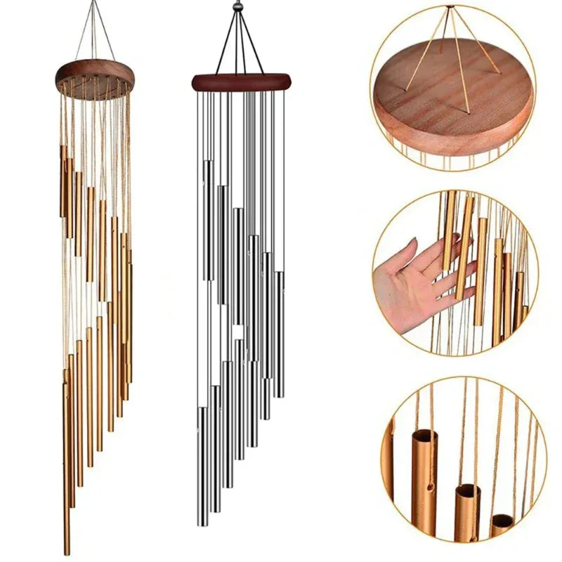 Decorative wind chime with wooden top and metal tubes on a white background
