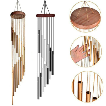Decorative wind chime with wooden top and metal tubes on a white background
