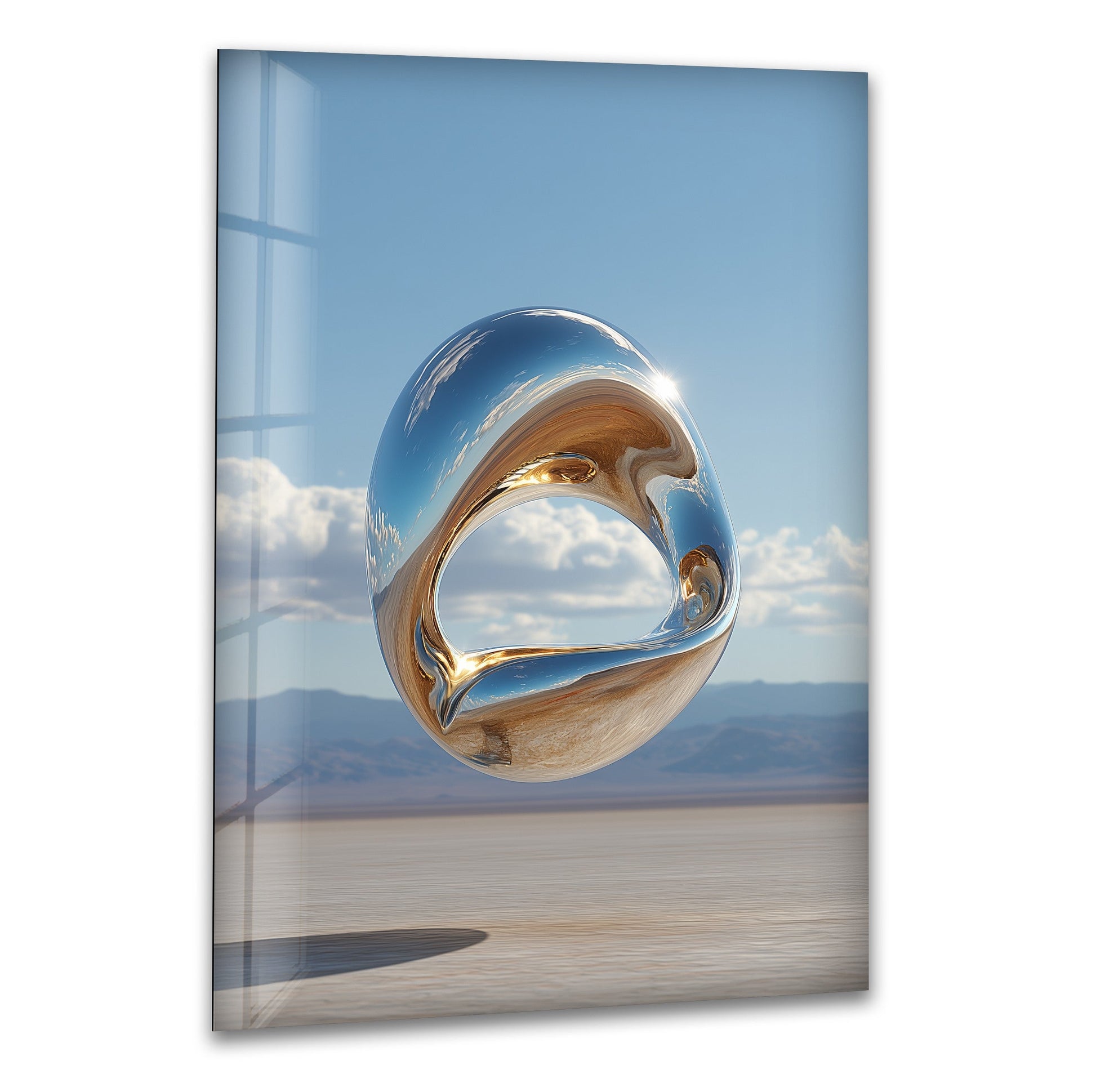 Edge and border of abstract glass wall art featuring a floating metallic sculpture reflecting the sky.