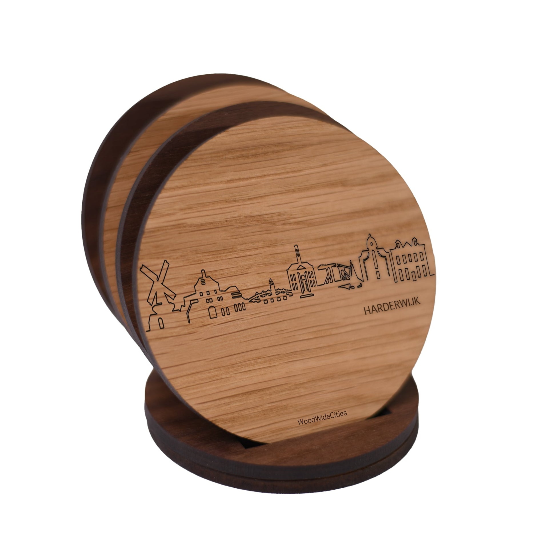 Skyline Onderzetters Harderwijk Eiken en noten houten cadeau decoratie relatiegeschenk van WoodWideCities