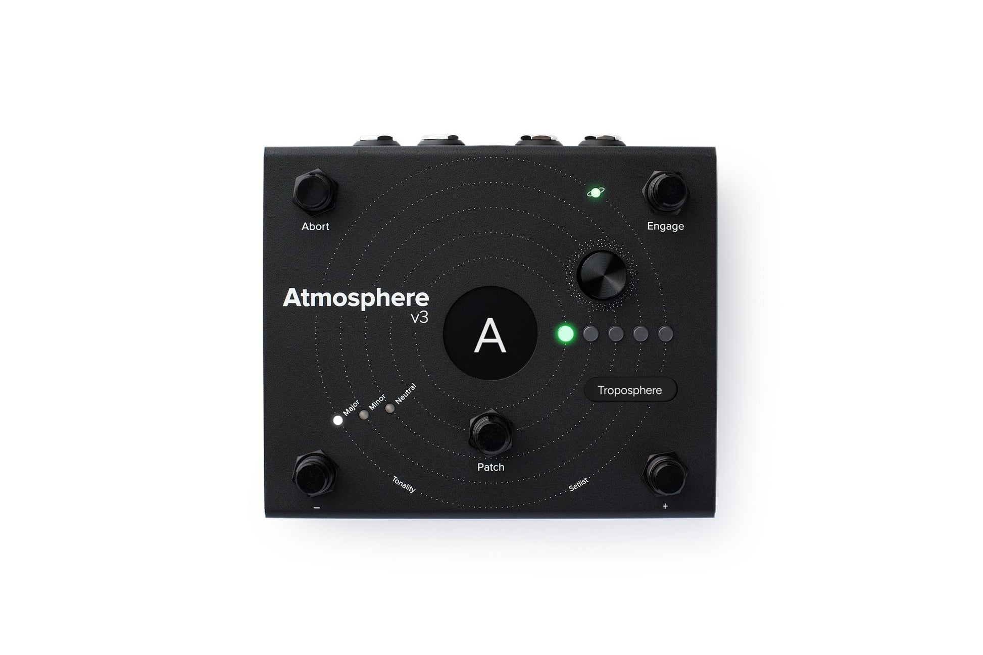 Black Atmosphere V3 pedal flat view on white background. Central black A display with orbital rings, five black footswitches (Abort, Engage, Minus, Patch, Plus), Troposphere encoder, green LED, and Major/Minor/Neutral indicators on matte black surface.
