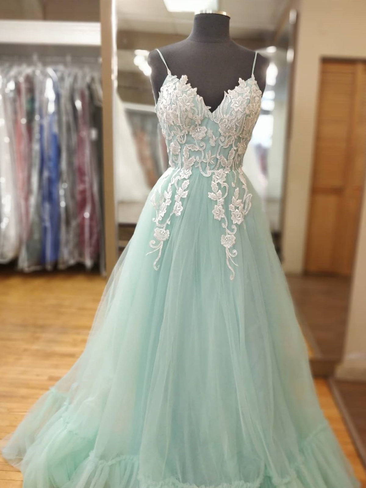 Spaghetti Straps V Neck Mint Green Lace Prom Dresses, Mint Green Lace Formal Evening Dresses