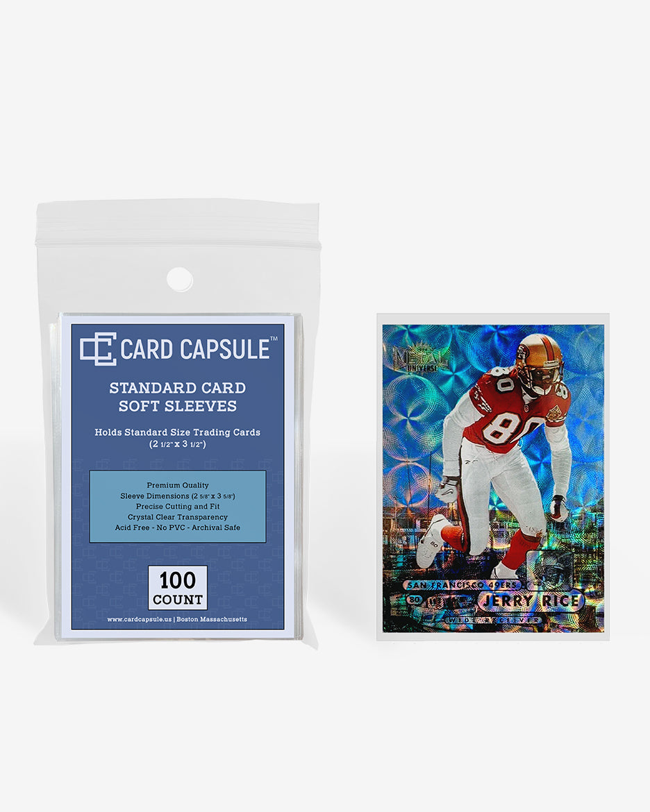 A pack of 100 Card Capsule standard size penny sleeves for sport cards, featuring a 1998 Metal Universe Precious Metal Gems PMG Jerry Rice football card inside a card sleeve