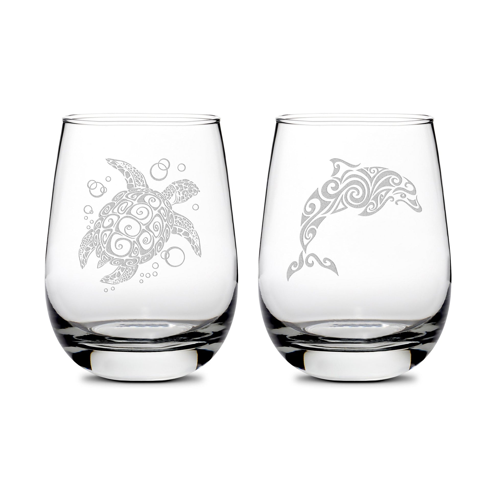 Premium Wine Glasses, Sea Turtle and Dolphin, 16oz (Set of 2), Laser Etched or Hand Etched