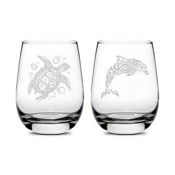 Premium Wine Glasses, Sea Turtle and Dolphin, 16oz (Set of 2), Laser Etched or Hand Etched