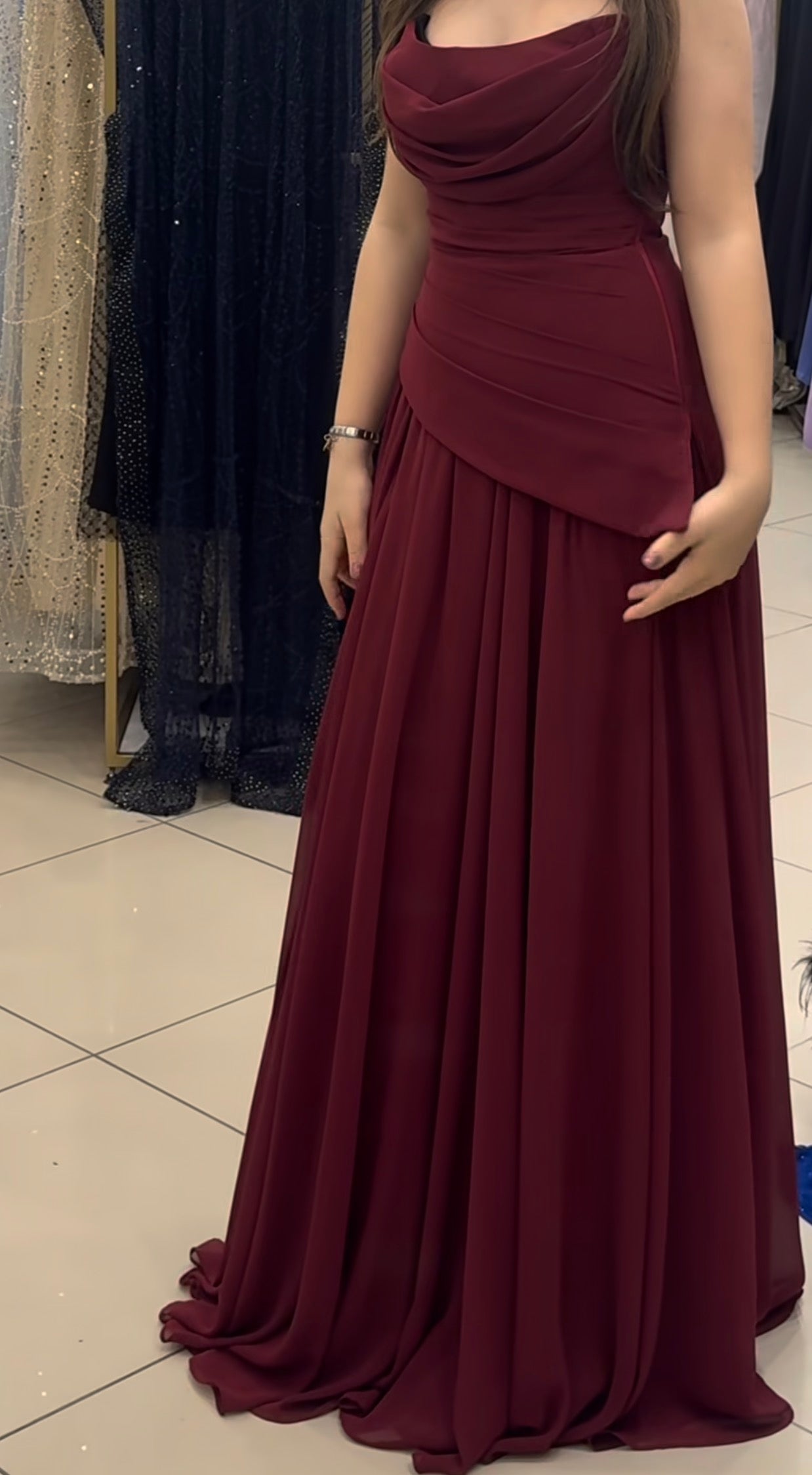 Strapless Burgundy Chiffon Formal Prom Dress Wedding Guest Dress  J10086
