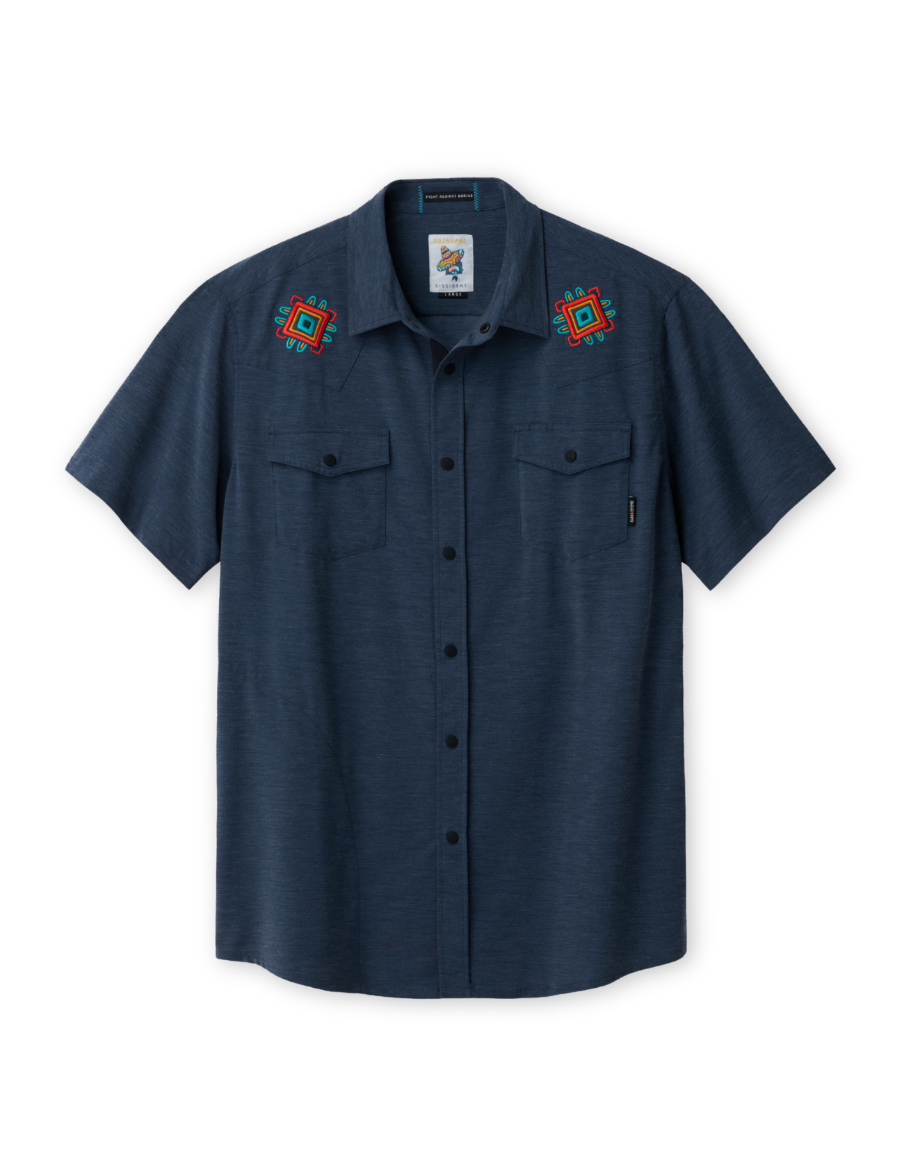 Navy blue shirt with embroidered designs on a white background